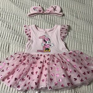 Disney Baby girl 9-12 month Minnie Pink 1st Birthday Dress with headband ears